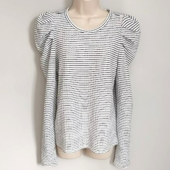 LOFT Black and White Striped Pleated Puffy Shoulder Long Sleeve Top Medium - Picture 3 of 12